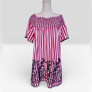 Joy Joy Striped Embroidered Smocked Off Shoulder Dress Red/White/Blue Women’s M